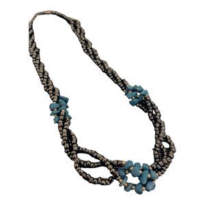 Vintage Multi strand Necklace Beaded Black/Turquoise Blue Stone Chips Howlite